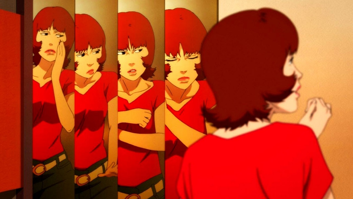 The titular Paprika from the Satoshi Kon movie looks at herself in a split-personality mirror.