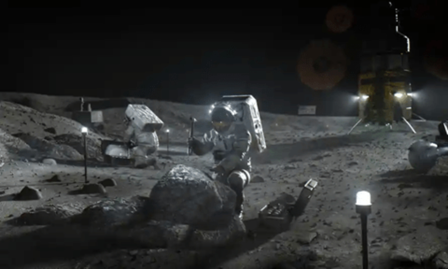 An animation of an astronaut collecting regolith on the Lunar surface.