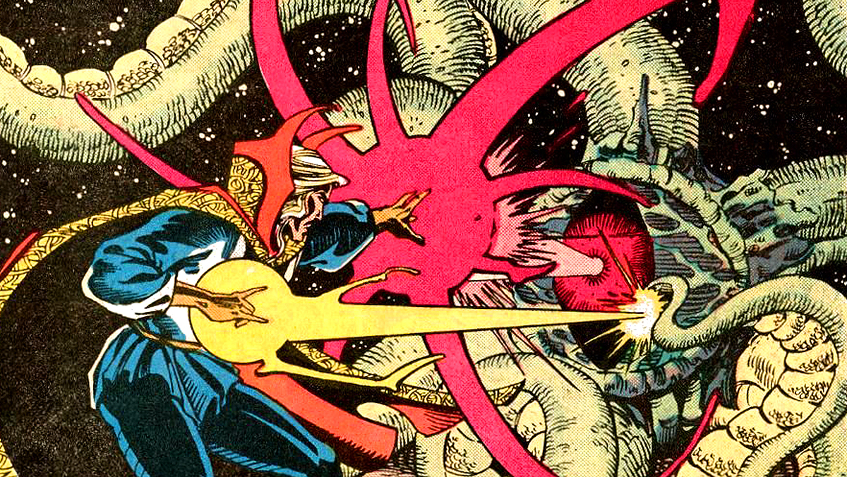 A panel from Strange Tales #14 shows Doctor Strange battling Shuma-Gorath