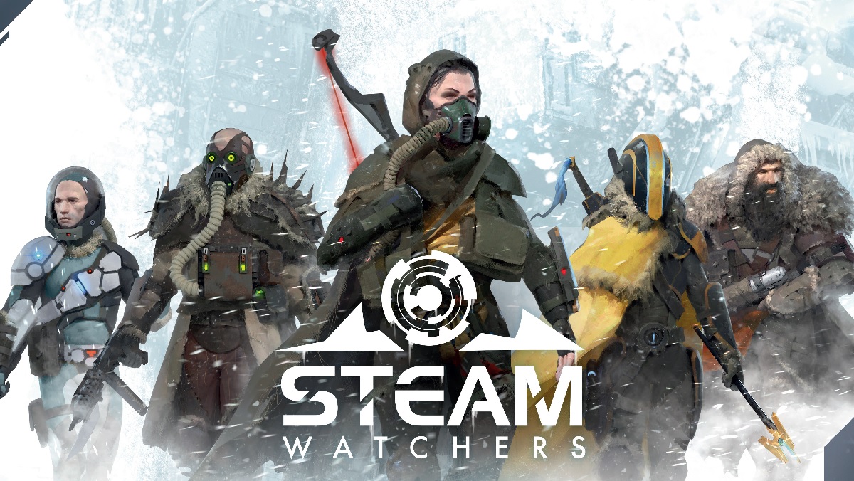 The box top cover art for Mythic Games' Steamwatchers. It depicts five clan leaders of various post-apocalyptic ice age design. The woman in the center wears a scarf over the lower part of her face and has a bow and arrow strapped to her back.