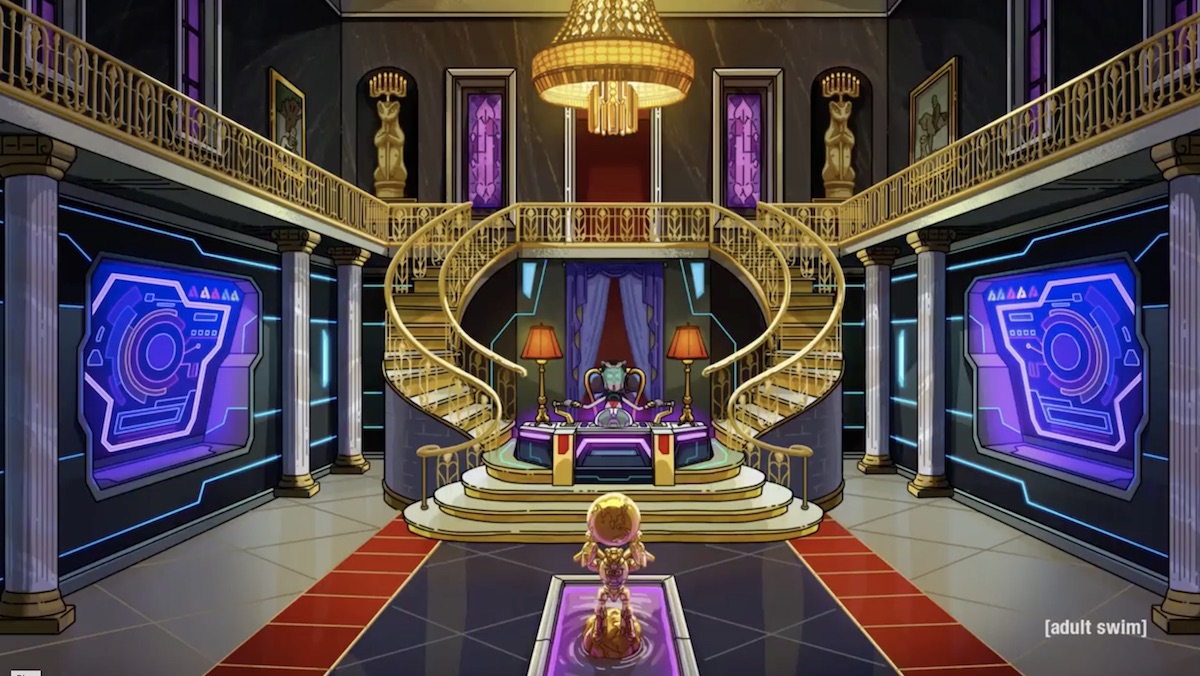 Rick in a spacesuit sits inside a giant room modeled after Tony Montana's home in Scarface