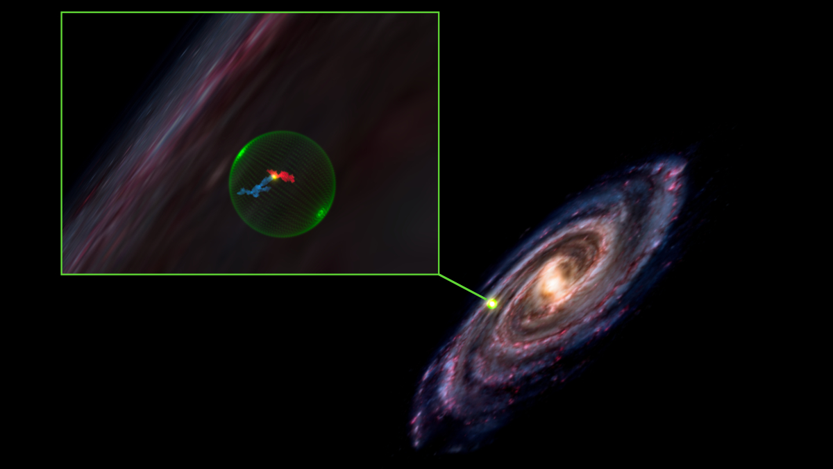 A visualization of the Milky Way galaxy with a slice containing a "cavity" or space void magnified.