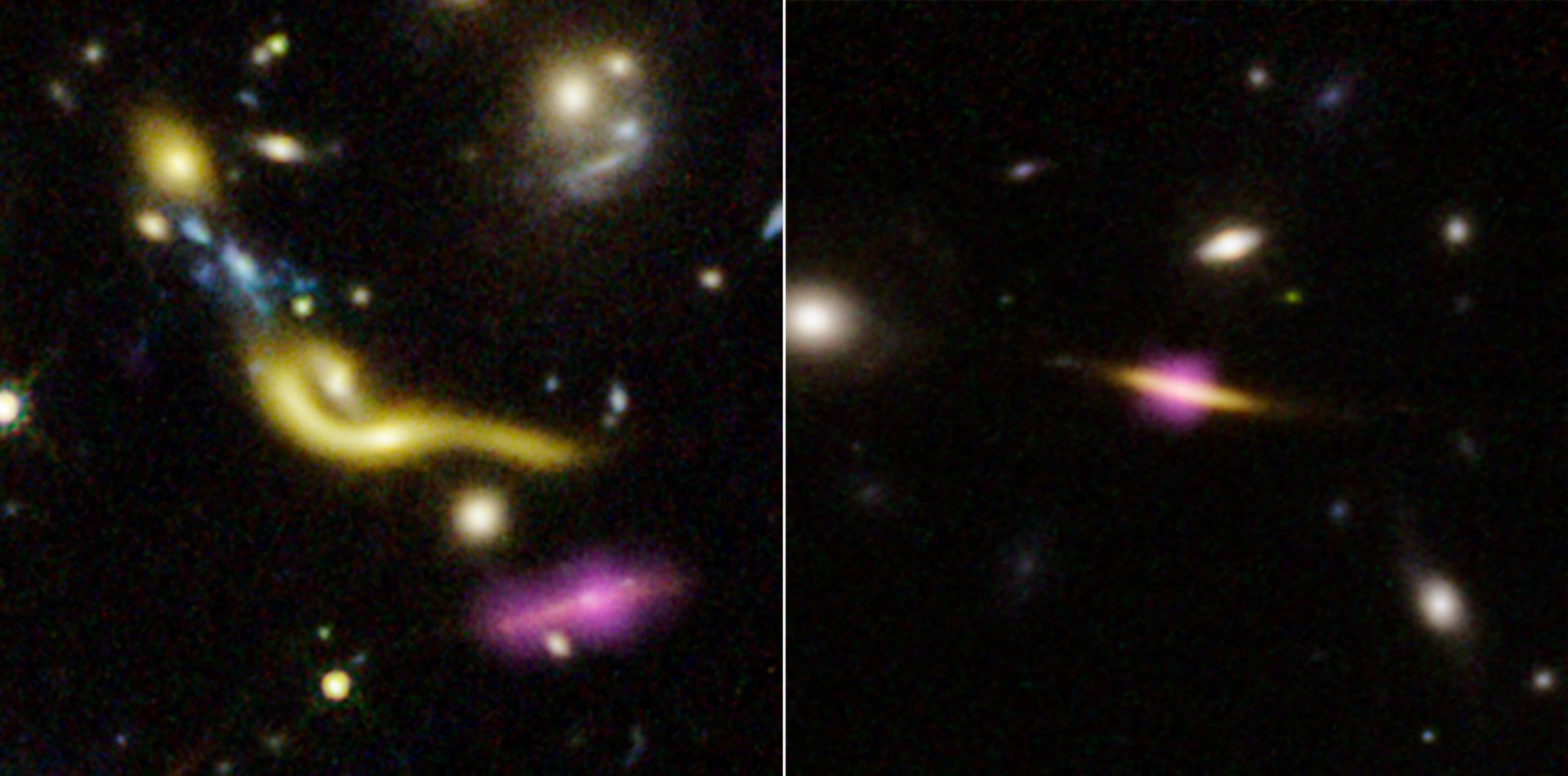 False-color images of distant "dead" galaxies that have been magnified thanks to the "gravitational lensing" effect.