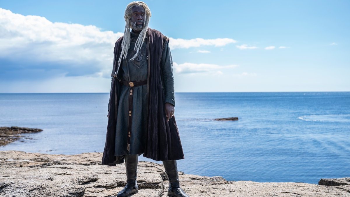 Steve Toussaint stands on top of a cliff in Game of Thrones prequel House of the Dragon