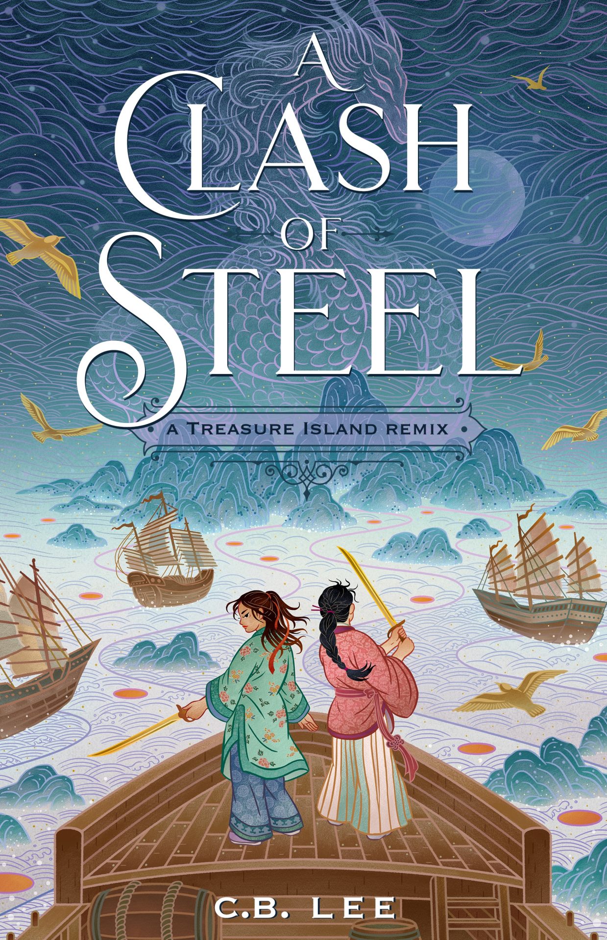 The cover for A Clash of Steel shows an illustration of two Asian young women with swords standing on the front of a ship