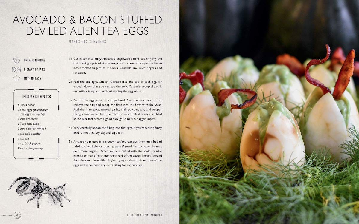 A recipe page for an Alien-inspired dish, seen on the right, that looks like alien eggs hatching