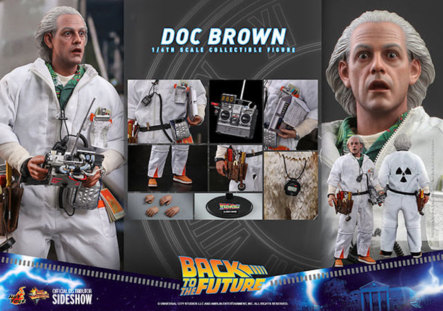 A splash page showing different features of a Back to the Future Doc Brown figure