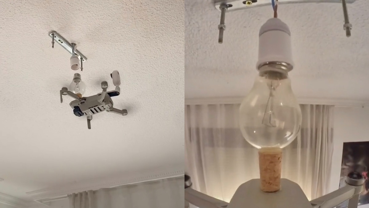 Two shots of a drone screwing in a lightbulb, one from the floor and one from an onboard camera