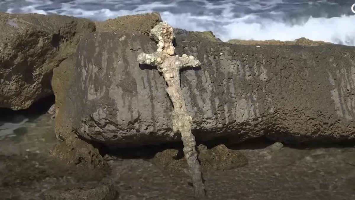 A barnacle-encrusted 900 year old sword from the Crusades up against a rock at the ocean