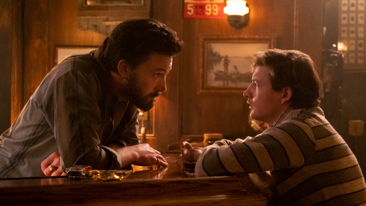 The Tender Bar - Ben Affleck and Tye Sheridan at a bar in movie still