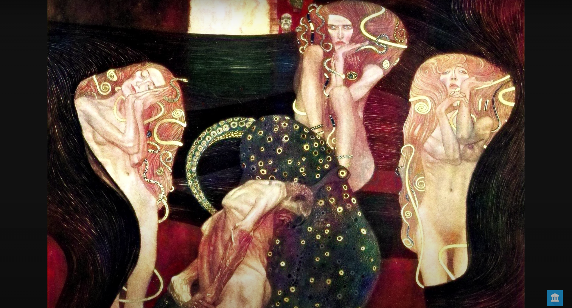 A close-up of Gustav Klimt's painting, Jurisprudence, colorized with a Google AI algorithm.