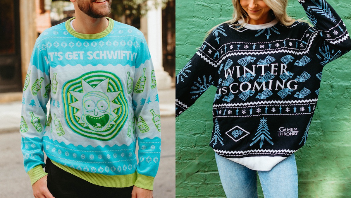 Models wearing ugly Christmas sweaters for Rick and Morty and Game of Thrones