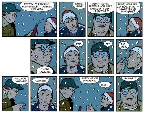 A double page spread from the 2012 Hawkeye comic shows Clint talking to his neighbour grills who keeps calling him Hawkguy