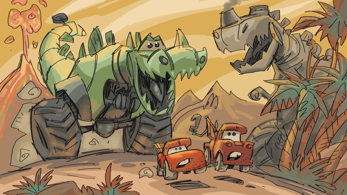 Two giant automobile robots chase Lightning McQueen and Mater in concept art for Cars on the Road from Disney-Pixar