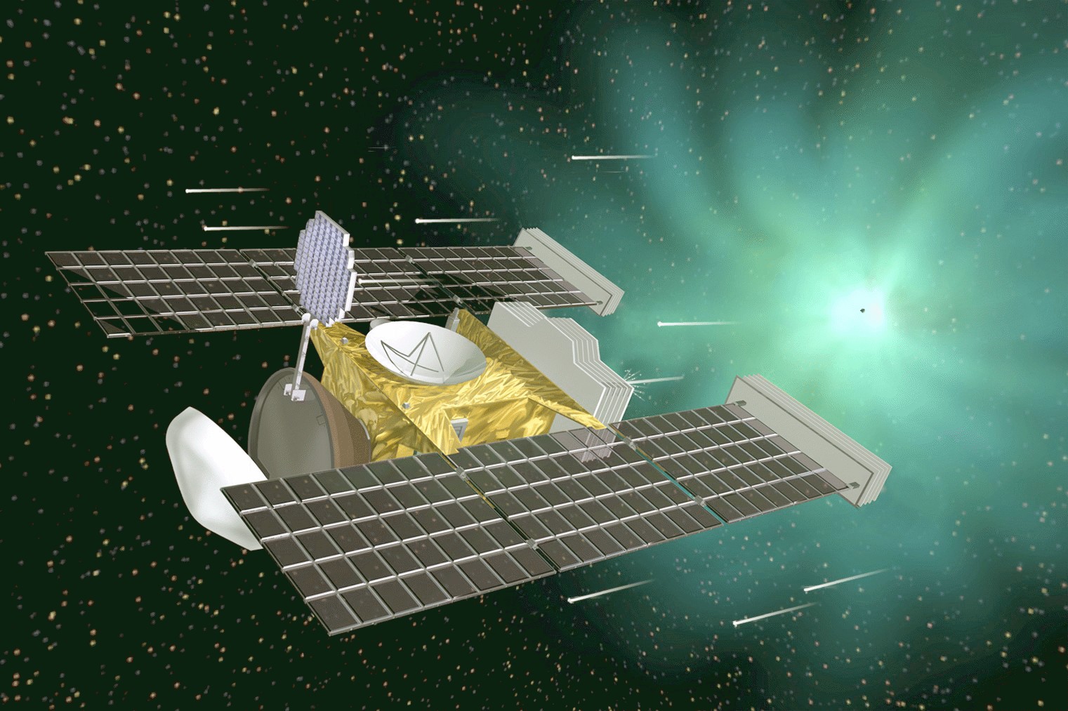 An illustration of NASA's Stardust probe, which returned comet material, like that scientists found in glassy patches of the Atacama Desert, to Earth.