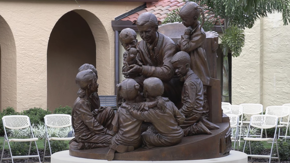 A 7-foot tall statue of Fred Rogers and children at his alma mater Rollins College