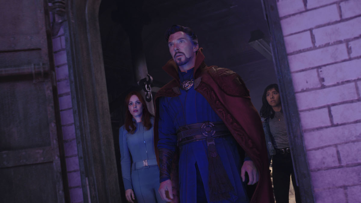 Rachel McAdams as Dr. Christine Palmer, Benedict Cumberbatch as Dr. Stephen Strange, and Xochitl Gomez as America Chavez in Marvel Studios' DOCTOR STRANGE IN THE MULTIVERSE OF MADNESS