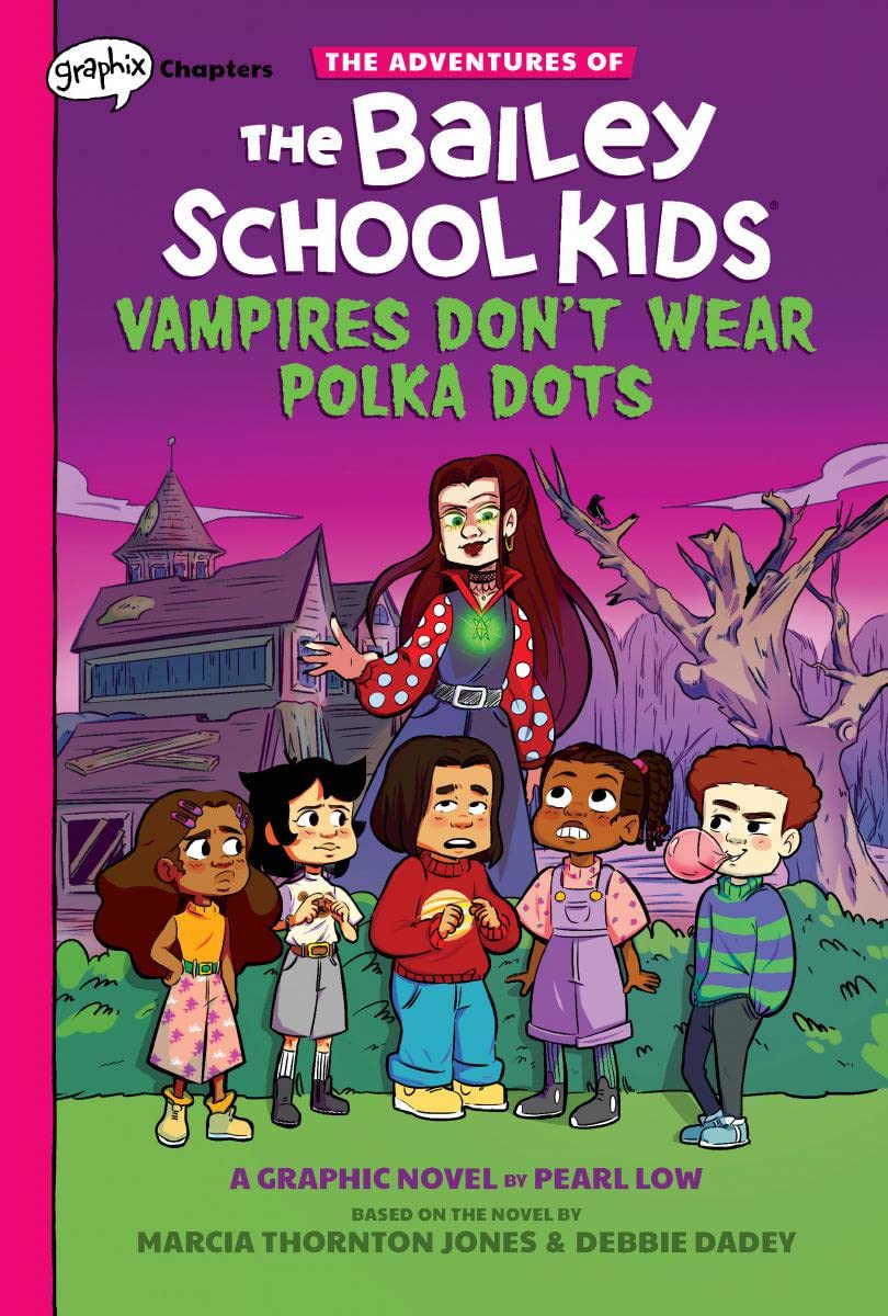 The cover for Vampires Don't Wear Polka Dots shows a teacher who might be a vampire standing next to her young scared looking class