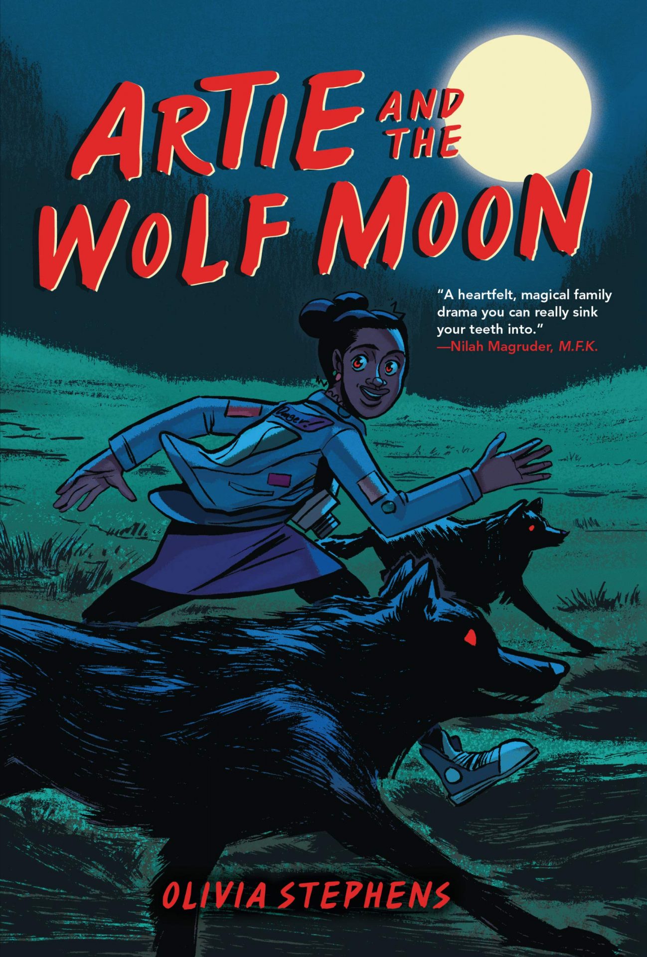 The cover for Artie and the wolf moon shows a young Black girl running alongside a wolf in the night