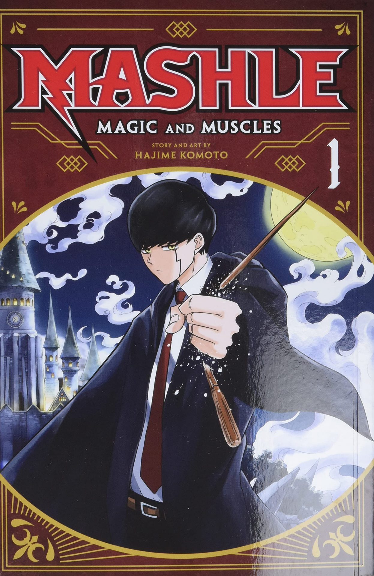 The cover for Mashle Magic and Muscles shows Mashle holding a wand and standing in front of an imposing castle