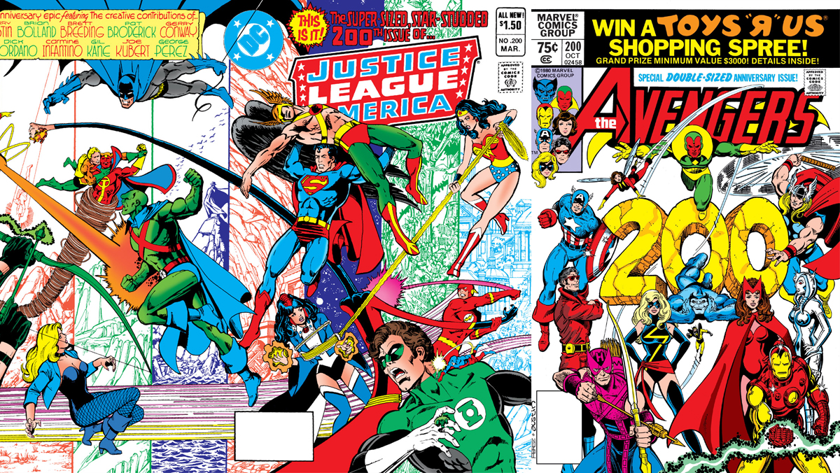 George Perez's cover art for Justice League of America and Avengers #200.