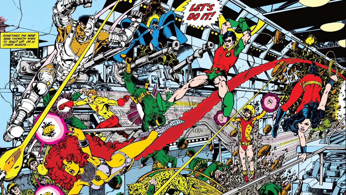 The Titans go on a mission against the HIVE, in art from New Teen Titans #39, from 1983.