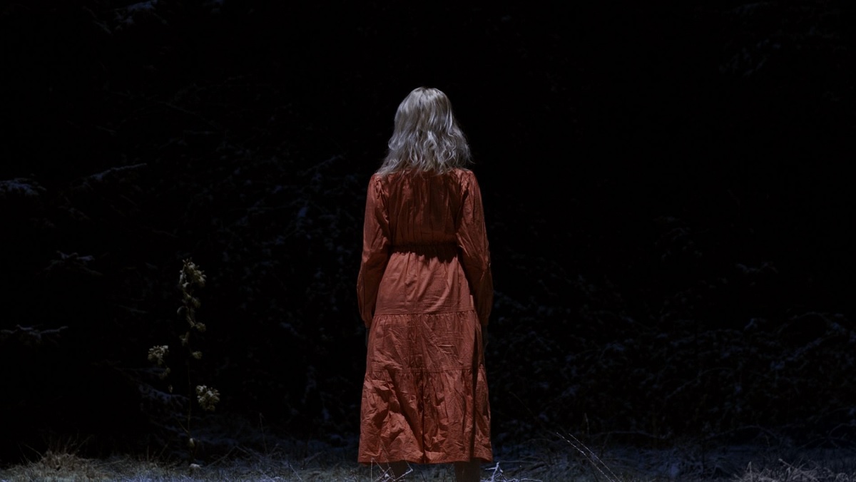 A mysterious blonde woman in a red dress faces away from camera in a completely dark background in the German horror film Sleep.