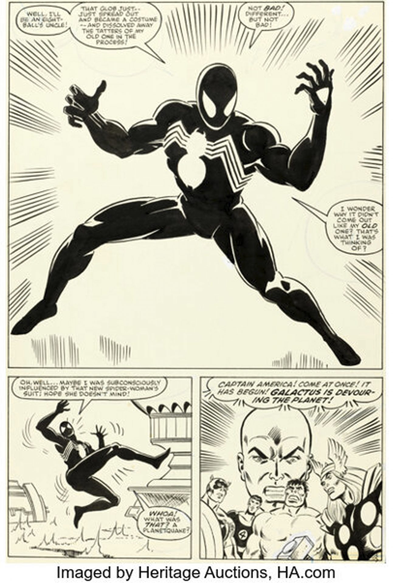 Mike Zeck's art for the first appearance of the black costume Spider-Man, from Secret Wars #8.