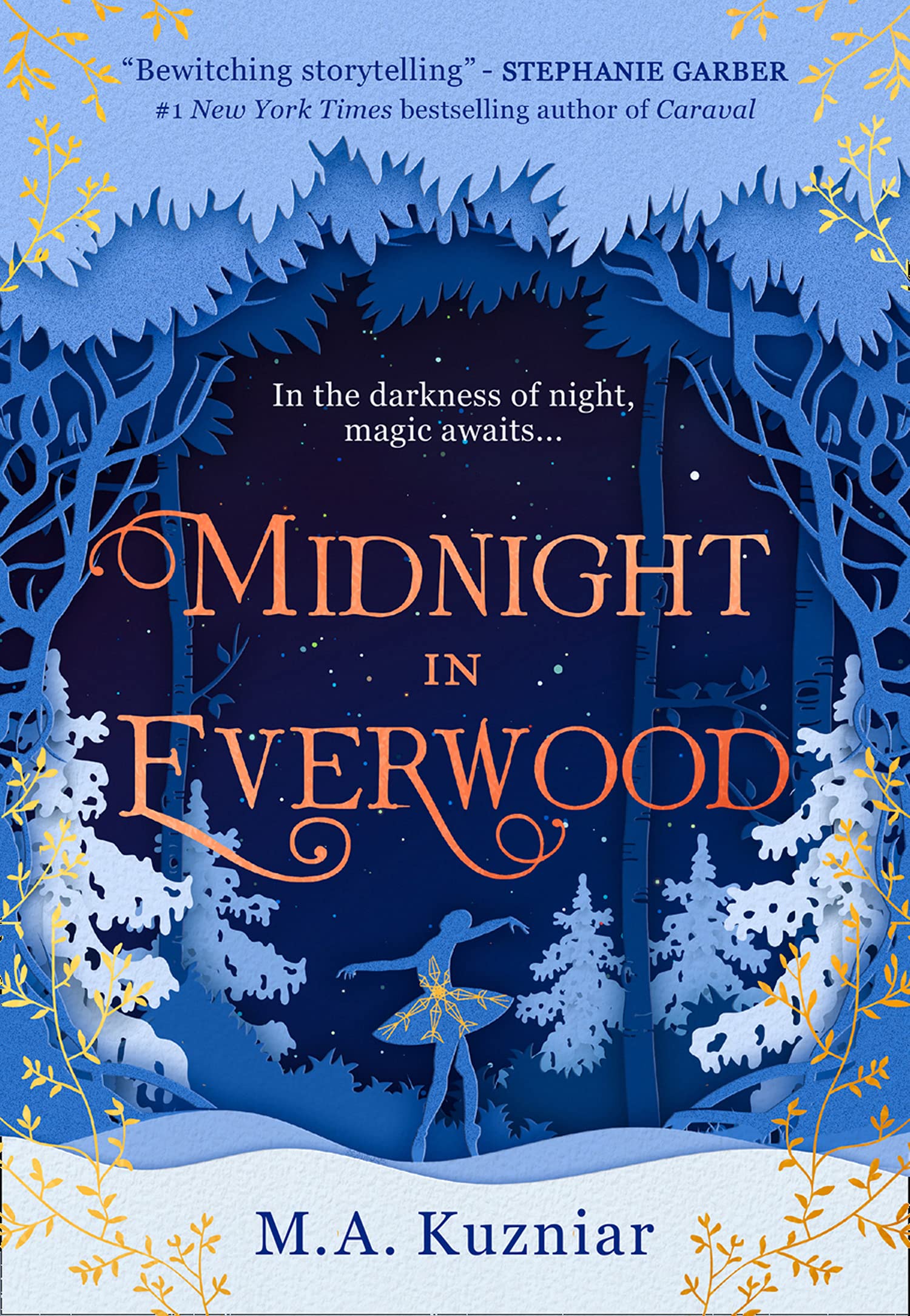 The cover for Midnight in Everwood shows a paper cut magical forest in which a ballerina dances through the snow