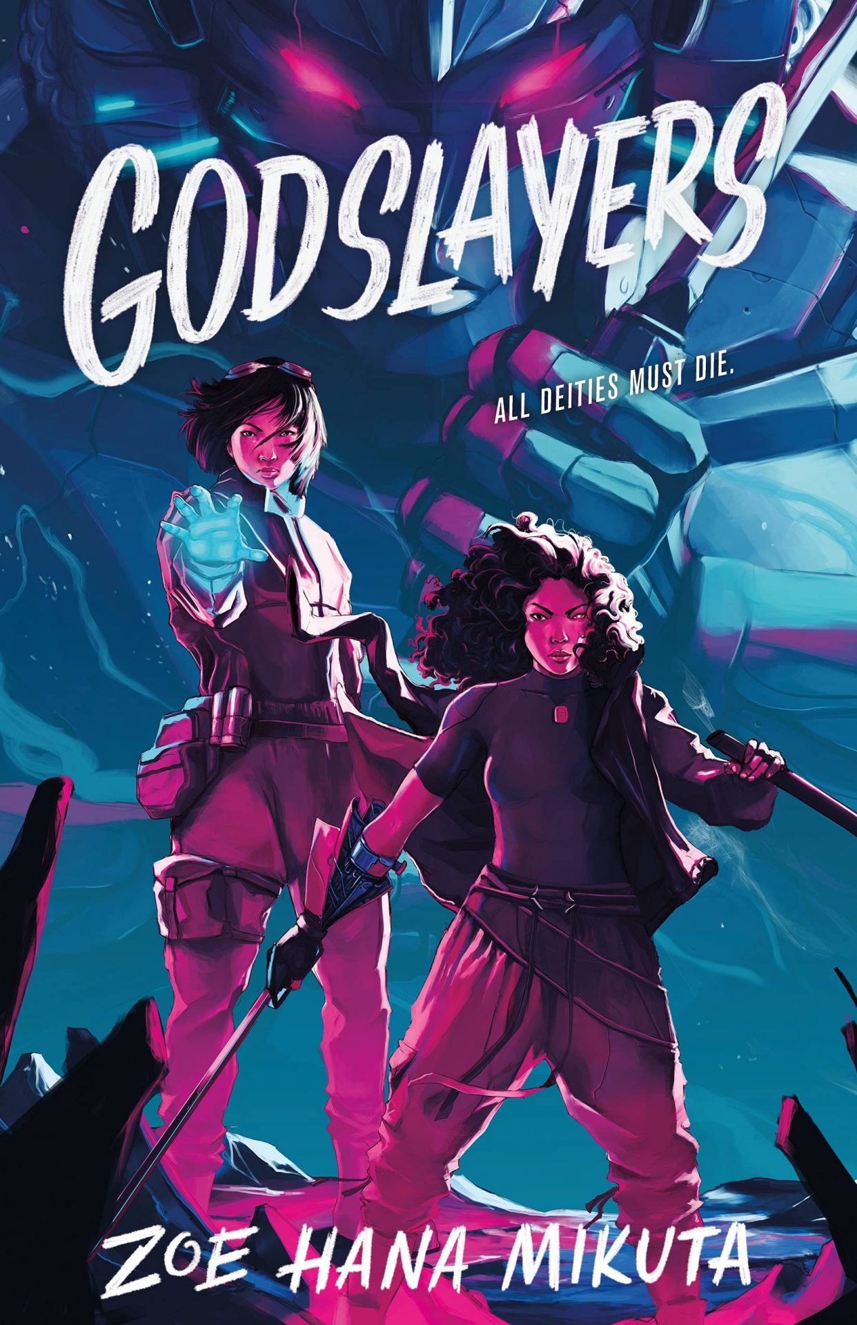 The cover for Godslayers shows two young girls cast in pink and blue bisexual lighting both standing in power poses