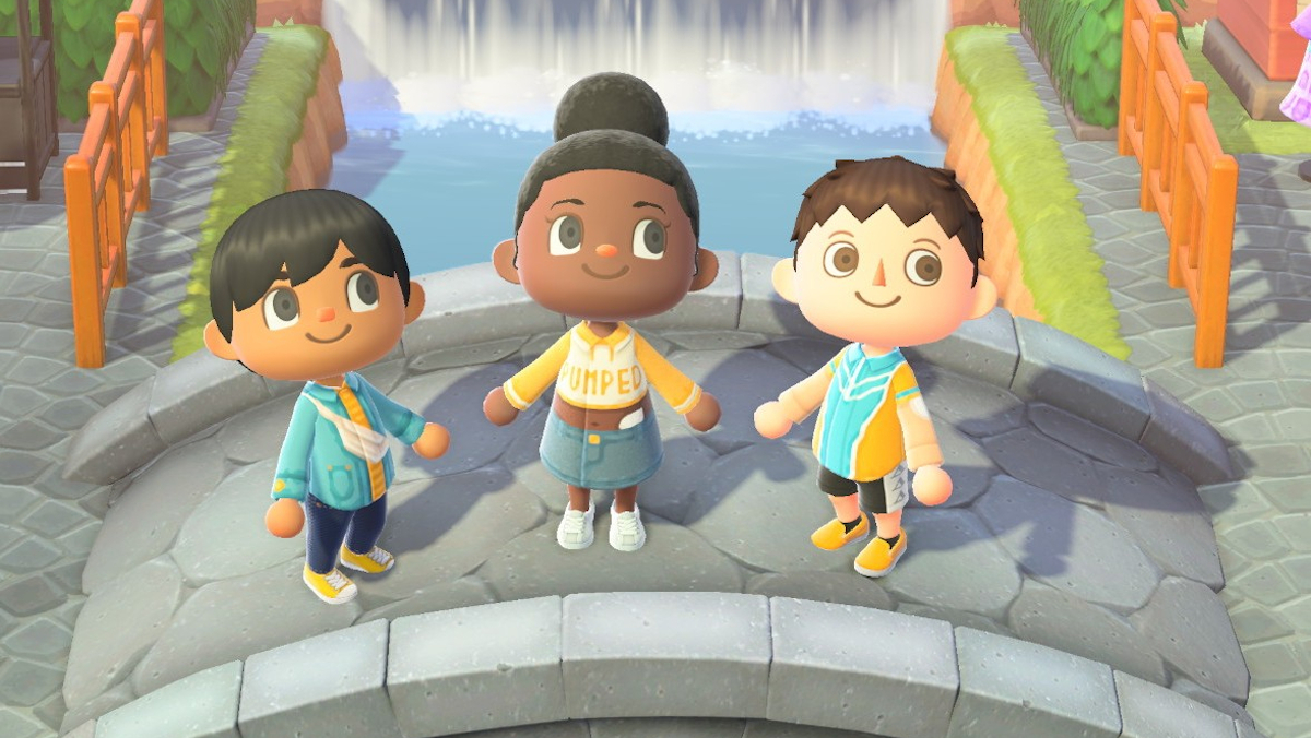 Animal Crossing players standing on a bridge in the game on Omnipod Bay island