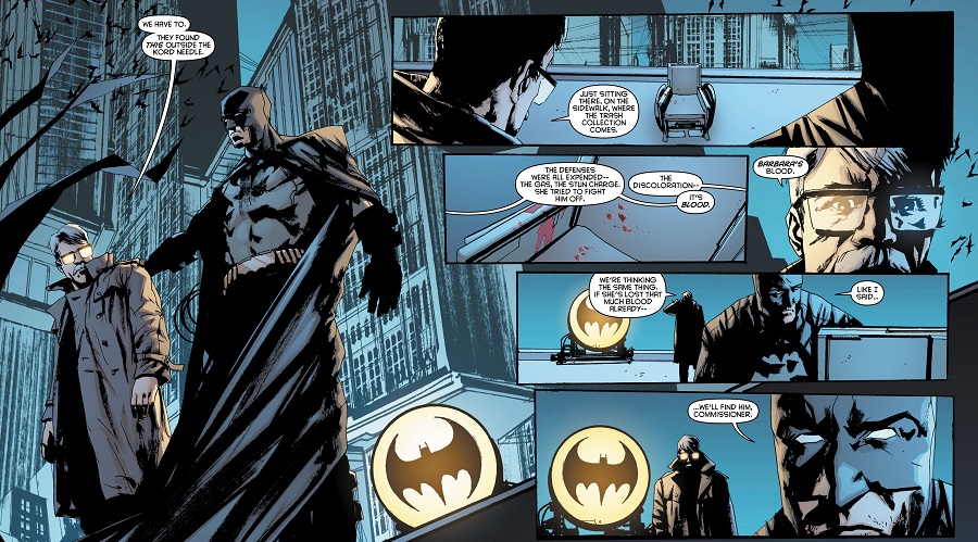 Dick Grayson's Batman confers with James Gordon in "The Black Mirror."