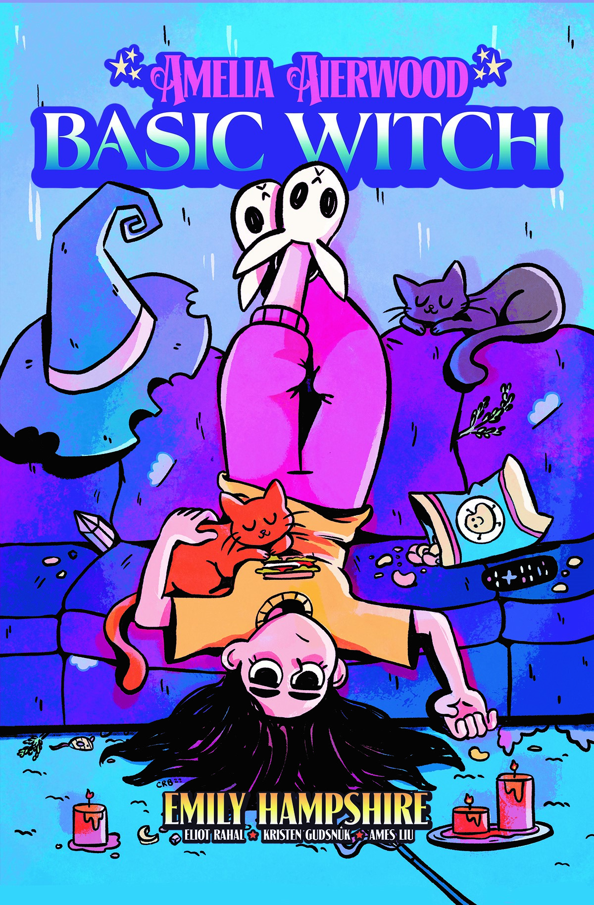 Amelia sits upside down on the couch with 2 cats on the cover of Amelia Aierwood: Basic Witch