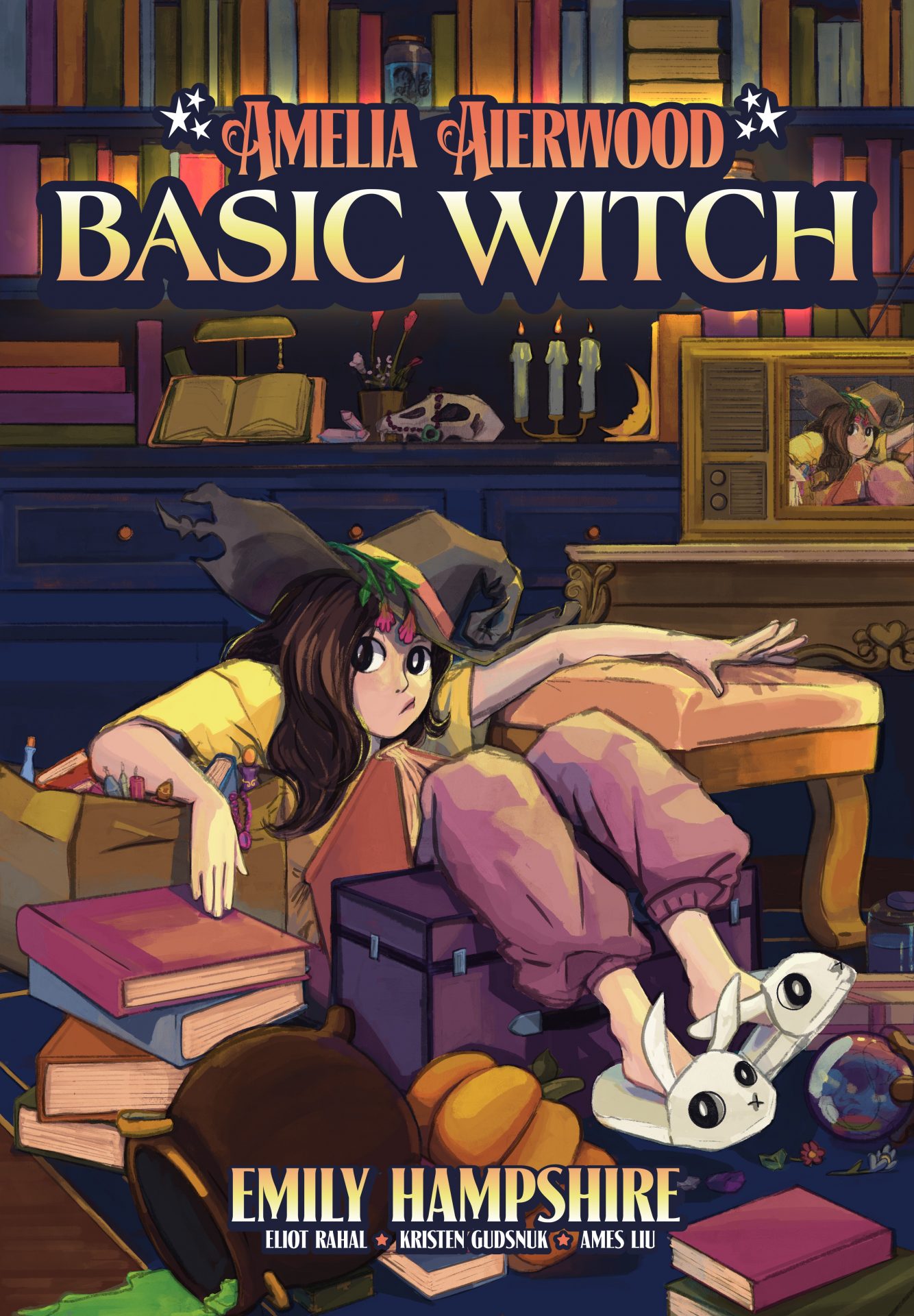 A witch sits among clutter on the cover for Amelia Aierwood: Basic Witch