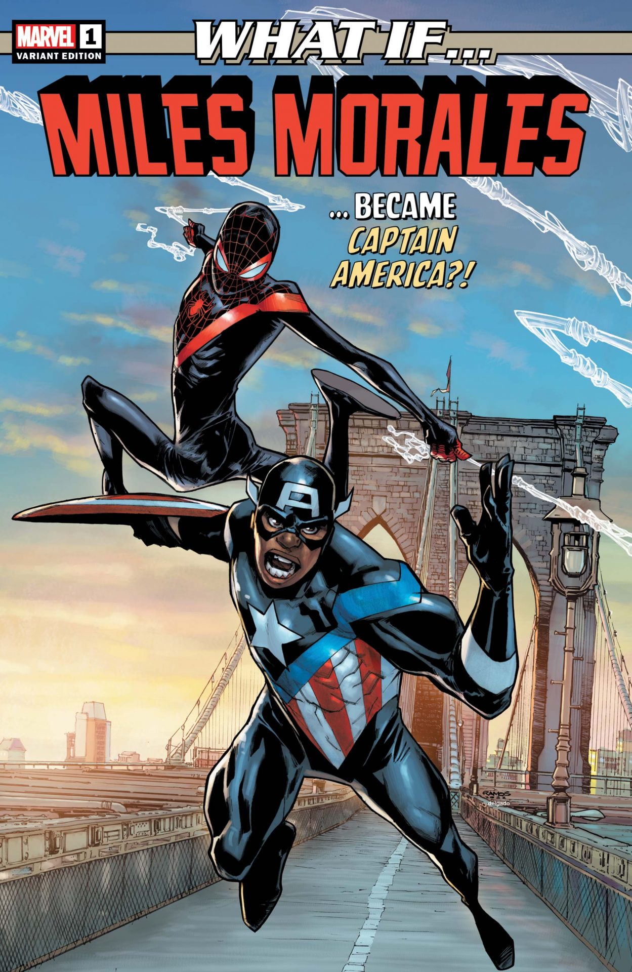 Humberto Ramos illustrates 616 Miles Morales alongside his Cap counterpart in the What If...? variant cover.