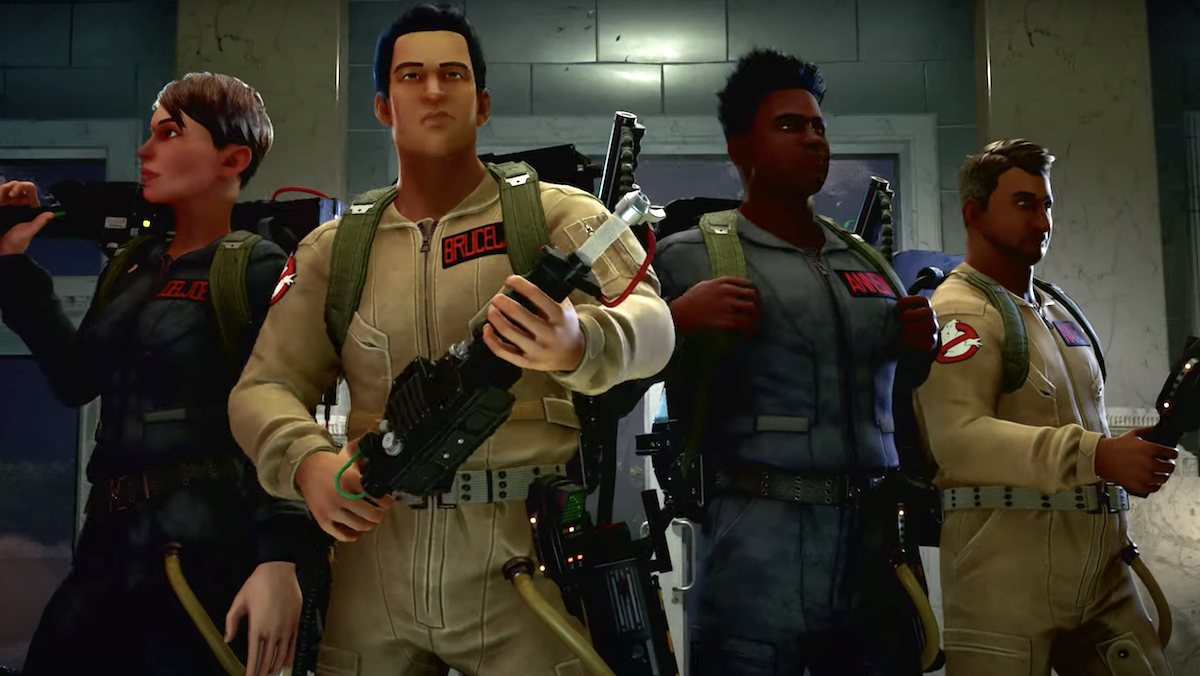 Four new ghostbusters standing together in a shot from Ghostbusters: Spirits Unleashed video game