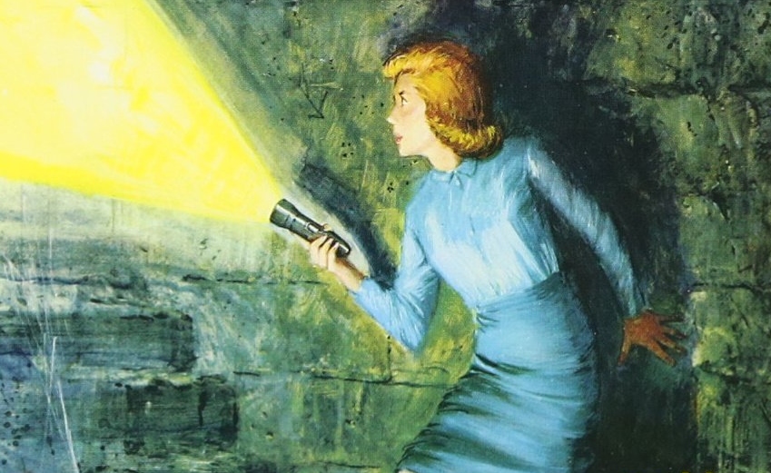 Nancy Drew, clutching a stone wall, holds a flashlight up a staircase in Nancy Drew and the Hidden Staircase.