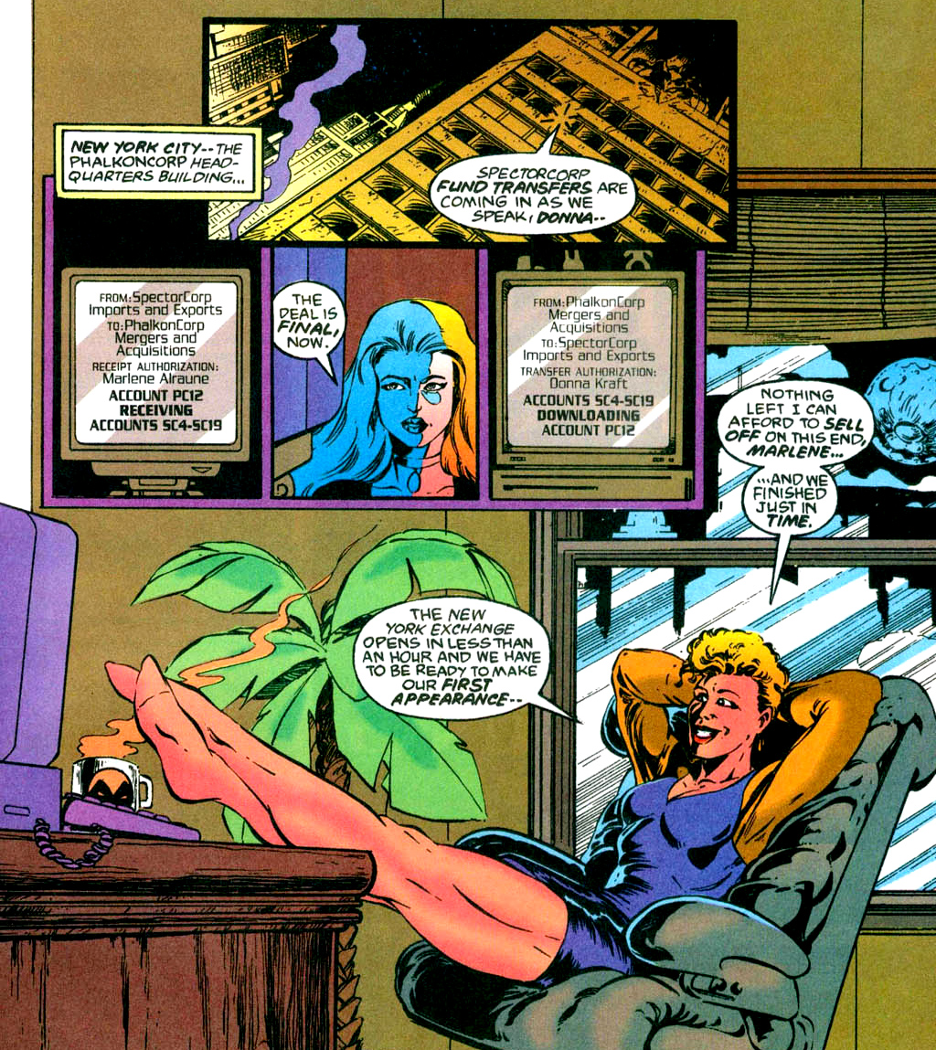 An image from Marc Spector Moon Knight shows Marlene and Donna Kraft taking over SpectorCorp from their respective offices