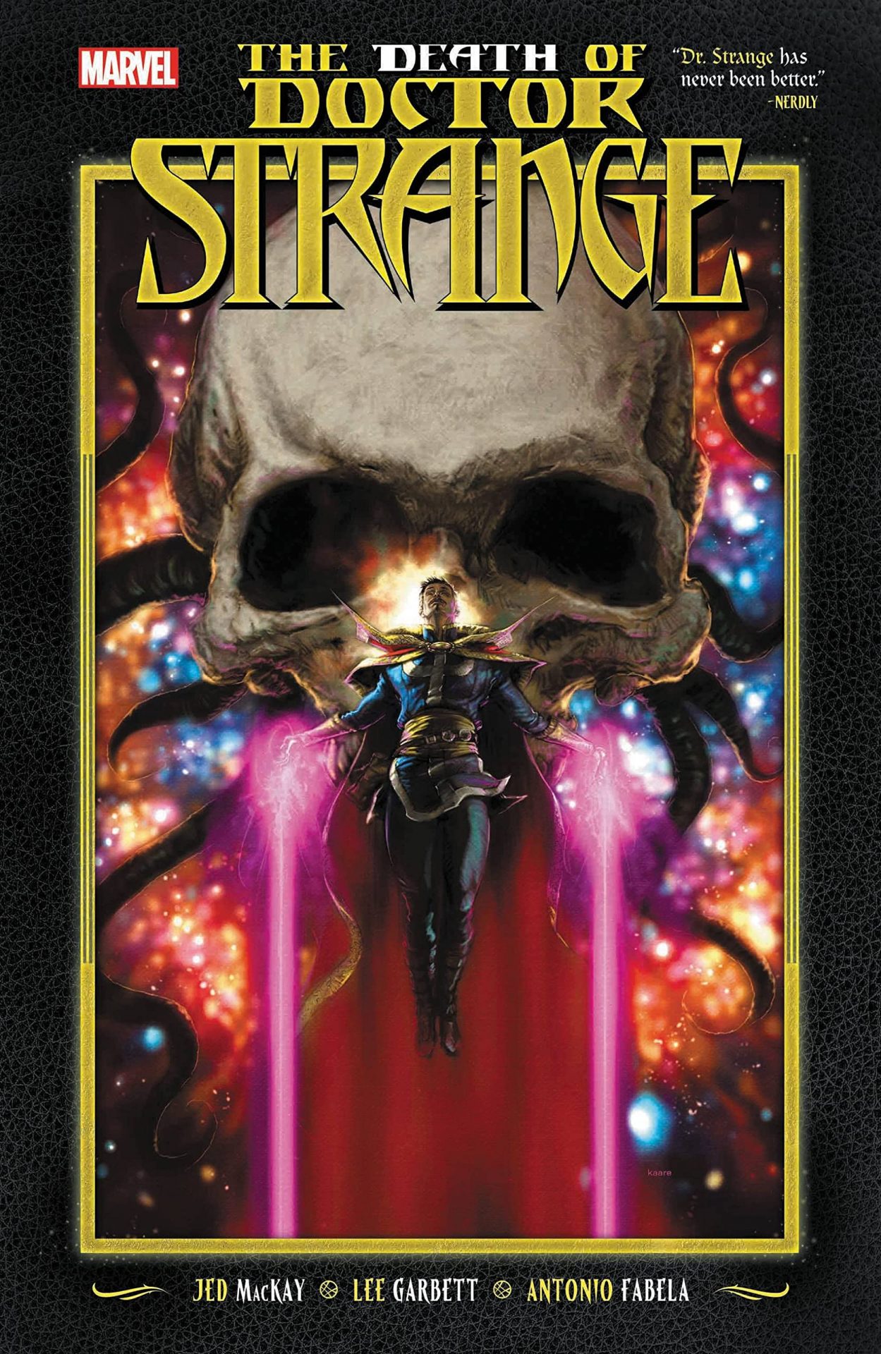 The cover for Doctor Strange shows the Sorcerer Supreme flying in front of a skull