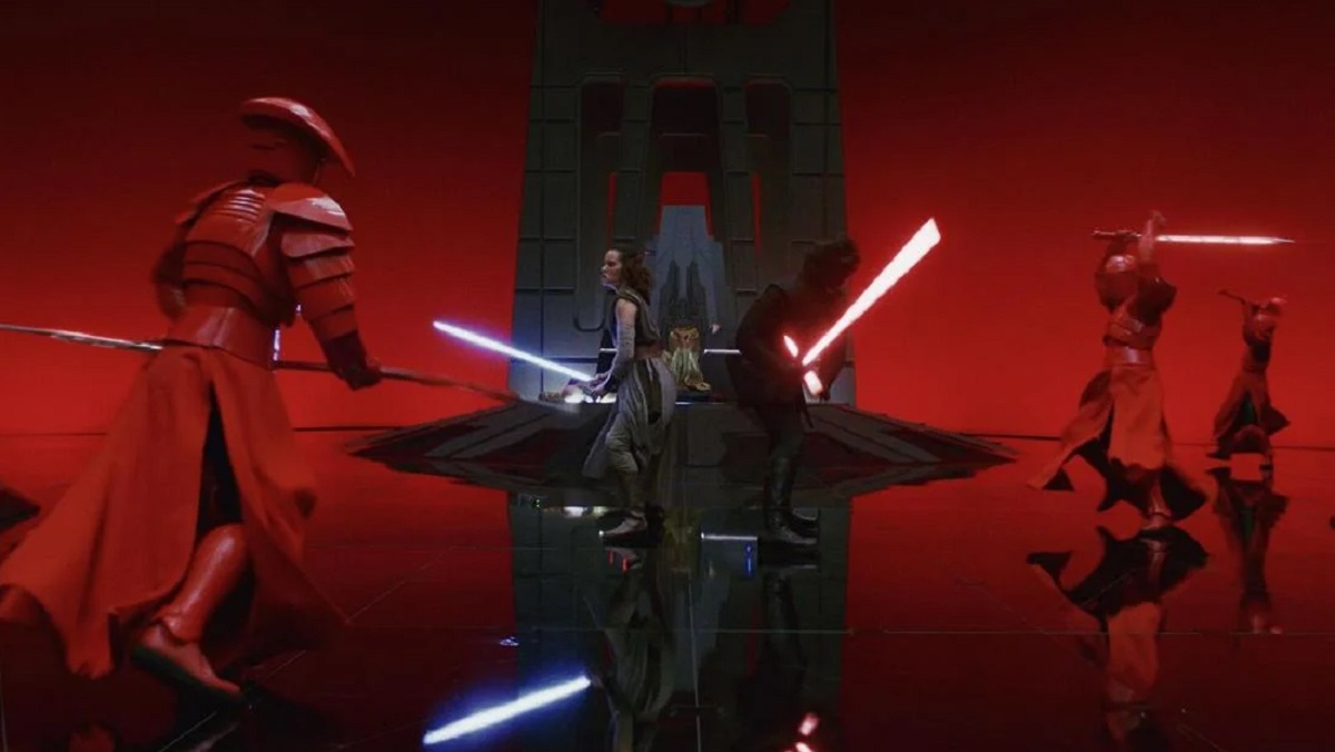 Rey and Kylo vs Snoke's guards in The Last Jedi.