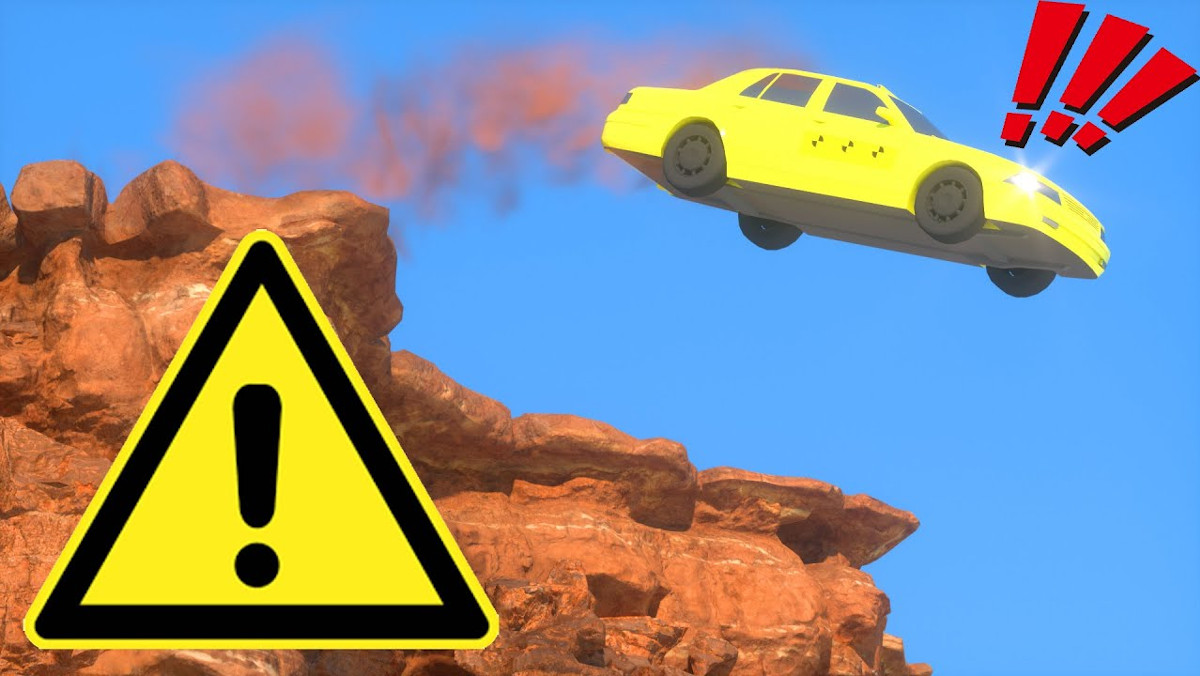 A car going off the edge of a cliff in cliff height or drop comparison video simulating drops from high altitudes