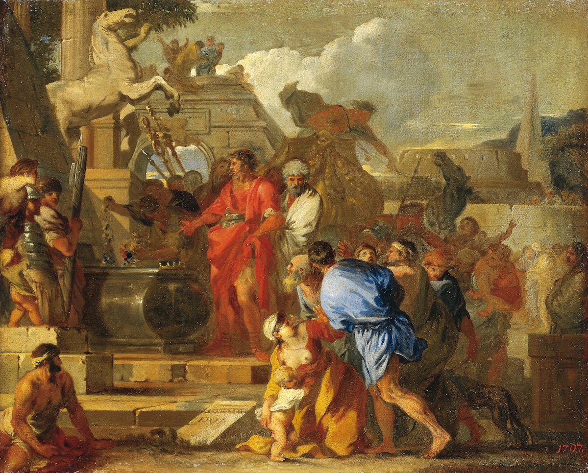 A painting of Augustus visiting the tomb of Alexander the Great