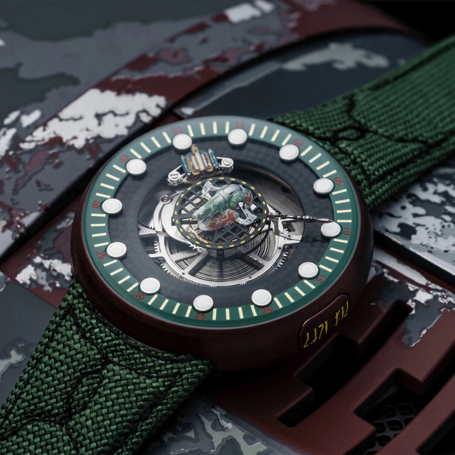 The Boba Fett watch has a miniature ship, jetpack, and rocket as part of the design 