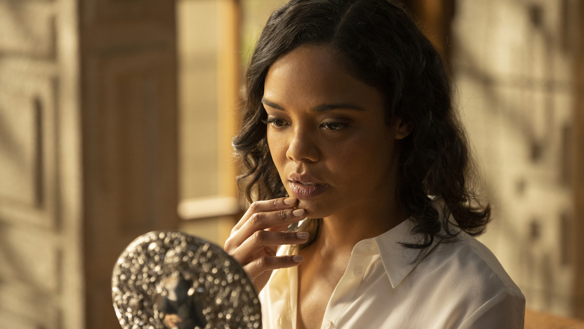 Tessa Thompson looks at a mirror in Westworld season three