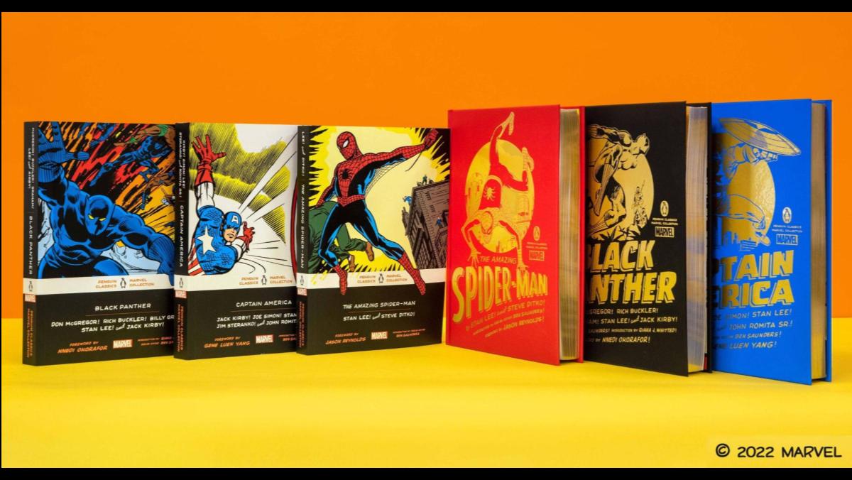 A promo image from Penguin Classics shows six books, three paper back collections of comics showing Black Panther, Captain America, and Black Panther, and three hardcover versions sit alongside them