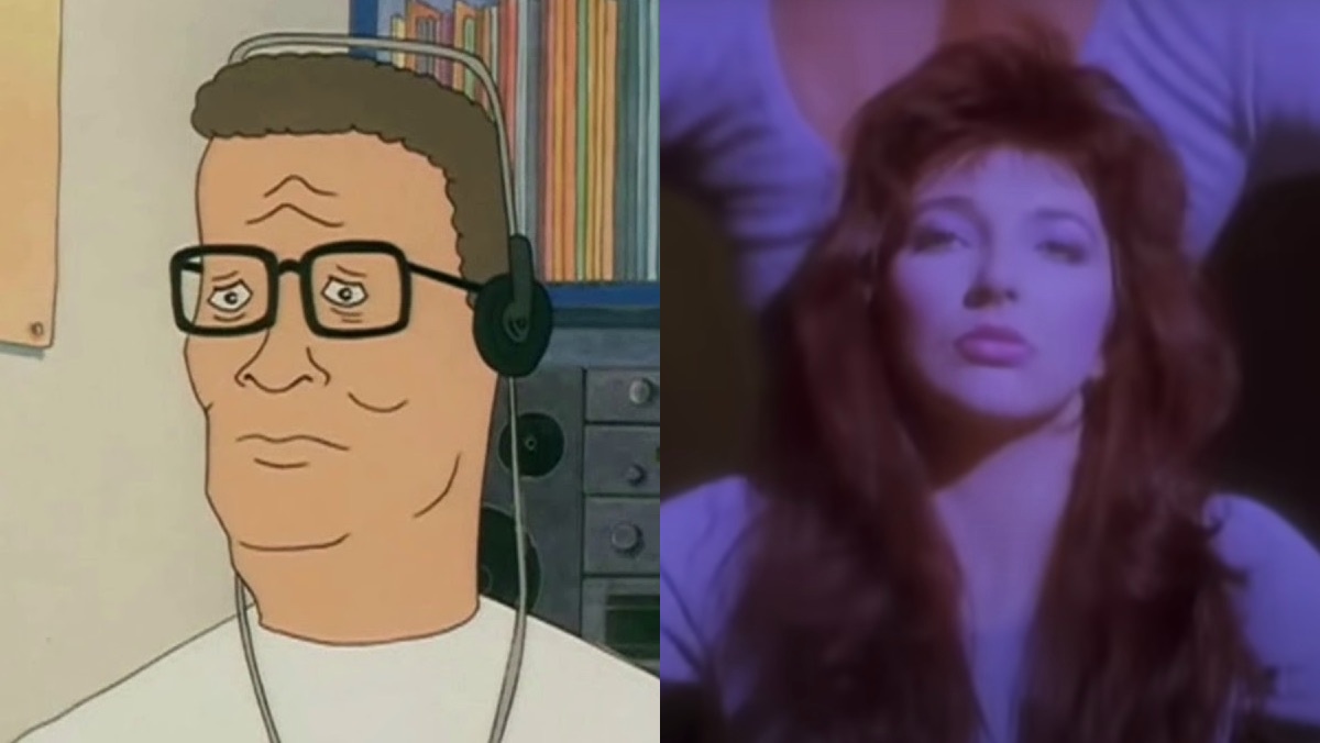 Hank Hill with headphones and Kate Bush from her Running Up That Hill music video