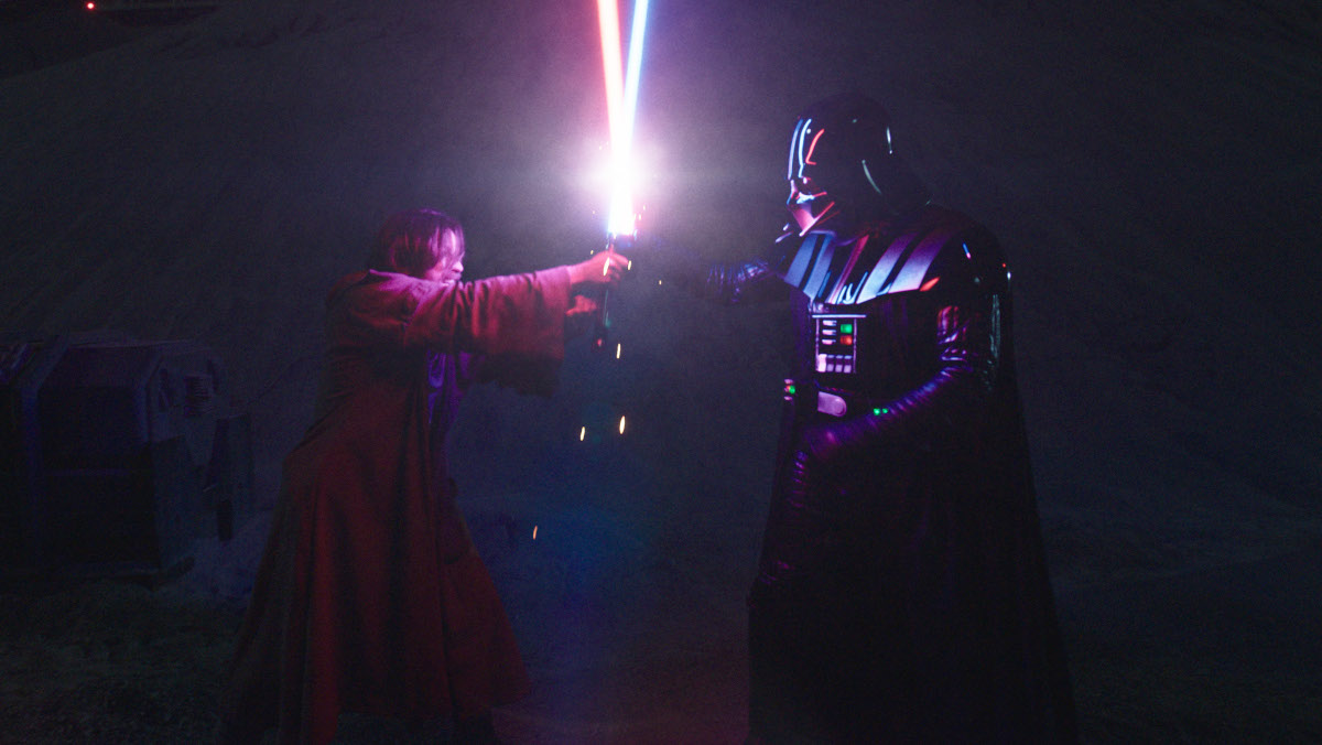 Obi-Wan Kenobi and Darth Vader battling with lightsabers in Obi-Wan Kenobi