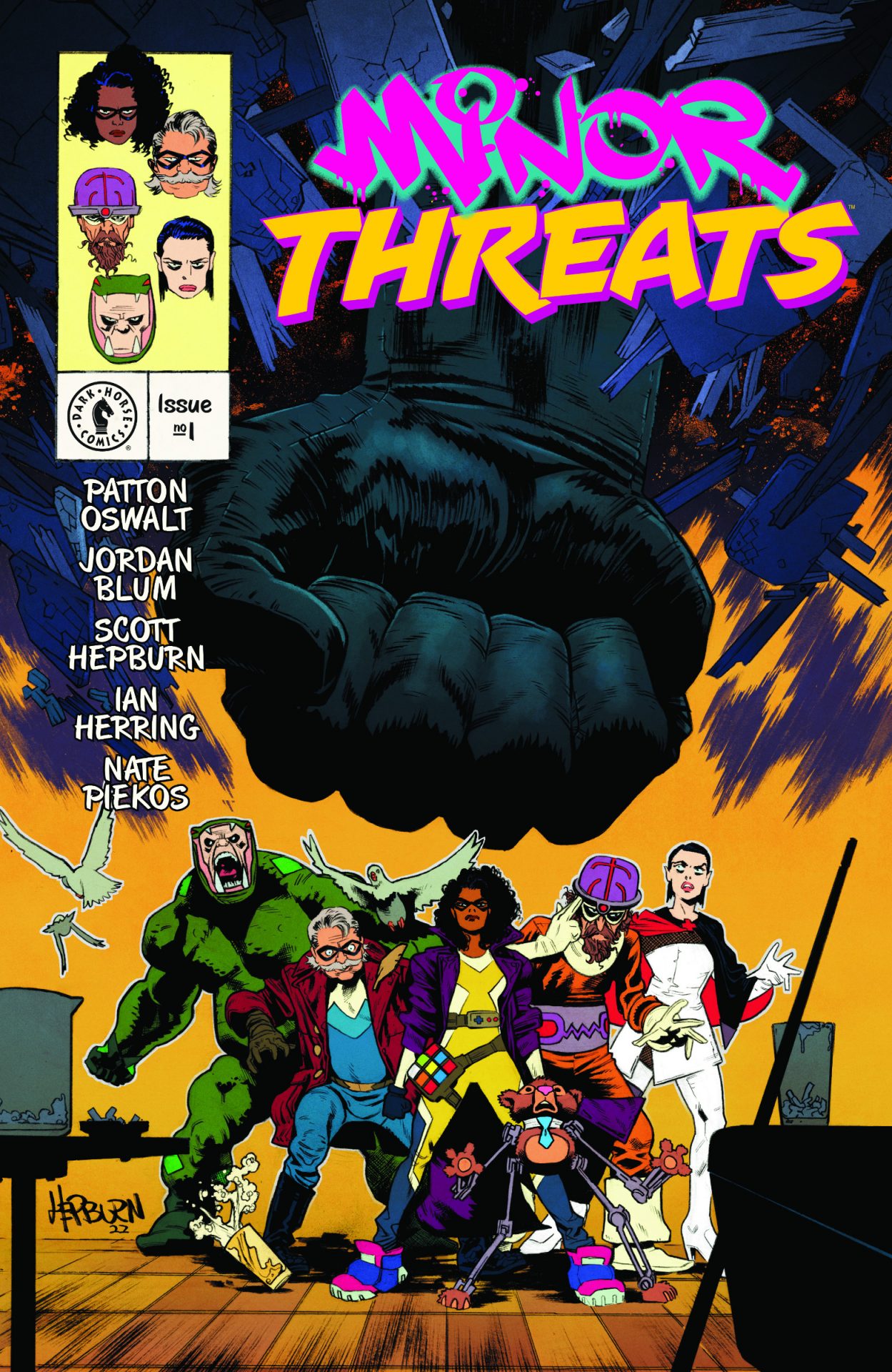 A comic book illustration of the villains' group, Minor Threat