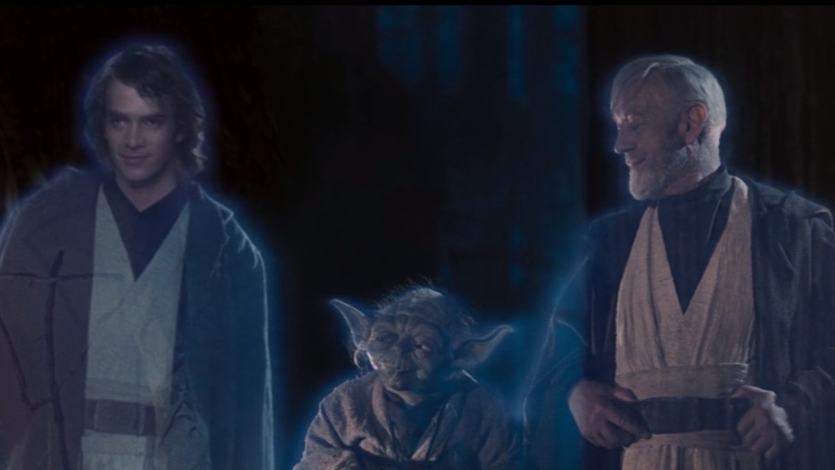 Force ghosts of Anakin Skywalker, Yoda, and Obi-Wan Kenobi from Return of the Jedi