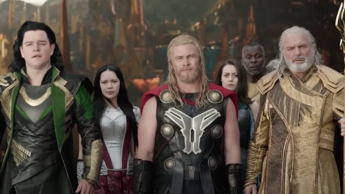 Matt Damon, Luke Hemsworth, and Sam Neill as Asgardian players in Thor: Ragnarok